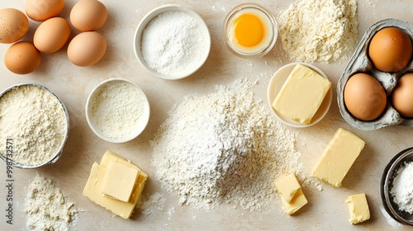 Fototapeta Baking Ingredients Flatlay - Flour, Eggs, and Butter Photo