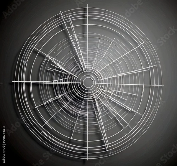 Fototapeta a circular abstract art piece composed of intersecting white lines, creating a radial pattern against a gray background