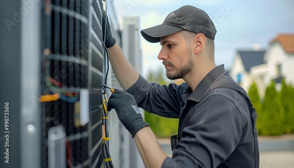 Fototapeta Technician performing air conditioner maintenance by cleaning the filter. essential hvac service to ensure efficient cooling
