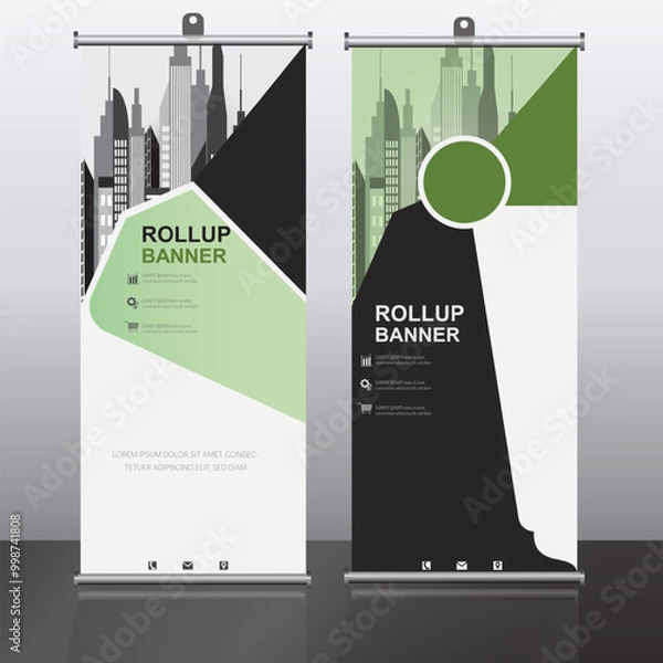 Fototapeta High-quality roll-up banner with modern cityscape, ideal for corporate events, trade shows, exhibitions, and marketing campaigns, making a strong visual impact.