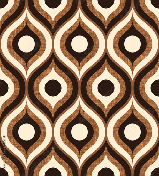 Fototapeta Retro midcentury textured brown ogee oval Raster pattern. Retro 70s ogee and circles geometrics brown, black and cream fabric texture.