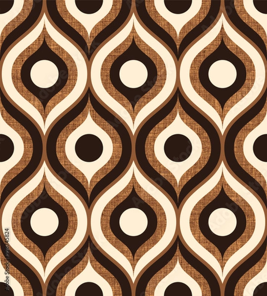 Fototapeta Retro midcentury textured brown ogee oval Vector pattern. Retro 70s ogee and circles geometrics brown, black and cream fabric texture.