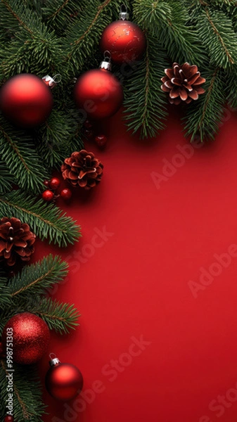 Fototapeta Christmas Decorations on Red Flat Lay