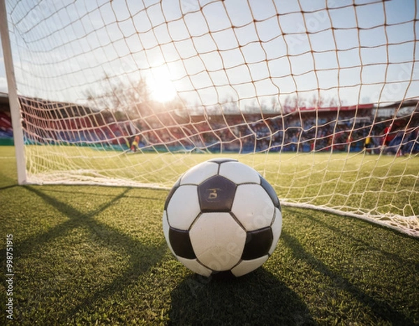 Fototapeta Soccer ball resting inside the net, with sunlight filtering through, symbolizing the aftermath of a goal and the excitement of victory in sports