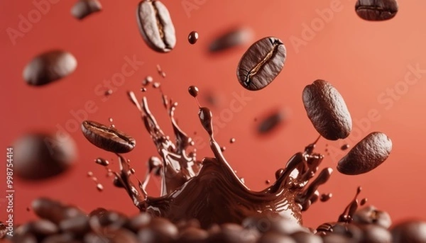 Fototapeta Chocolate splash in mid-air, coffee beans suspended above, creating an energetic blend of bold coffee and smooth chocolate