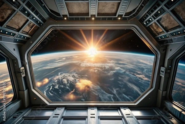 Obraz A view from inside a spaceship looking out at Earth with a sunrise over the horizon. The scene evokes a sense of wonder and awe, highlighting the beauty of our planet from space.