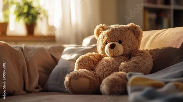 Obraz A large stuffed teddy bear resting on the edge of a sofa in a cozy living room filled with soft light and homey atmosphere