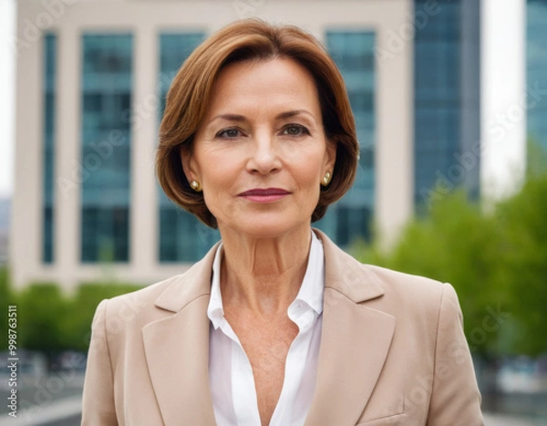 Fototapeta Portrait of a mature middle-aged caucasian european woman in suit outdoors with a blurry business center in backdrop