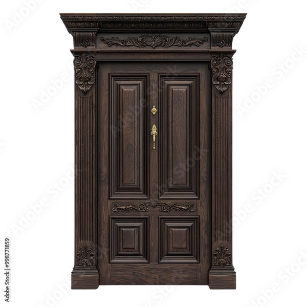 Fototapeta Elegant wooden door with intricate carvings isolated on transparent background.