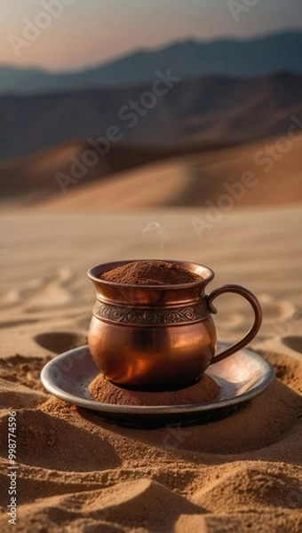 Fototapeta Copper mug on saucer in vast serene desert under dusky sky