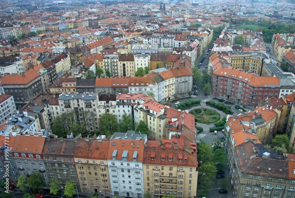 Obraz PRAGUE, CZECH REPUBLIC - APRIL 28, 2013: View of Zizcov and Vinohrady districts from Zizkov Telecommunication Tower in Prague, Czech Republic