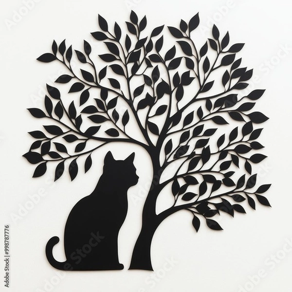 Fototapeta Cat silhouette under tree branches, white isolate background