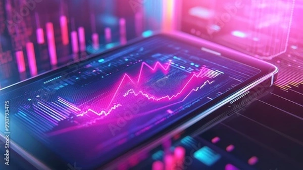 Fototapeta A futuristic tablet displays a financial graph with neon pink and blue lighting.