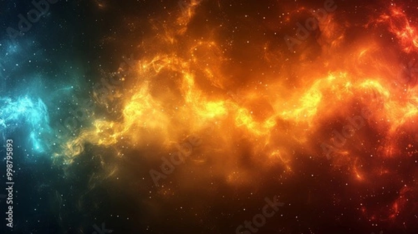 Fototapeta cosmic scene featuring vibrant streams of energy flowing through space, filled with stars and galaxies. colors transition from fiery reds and oranges to cool blues and purples