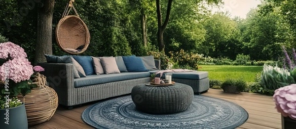 Fototapeta Relaxing Patio with a Sectional Sofa and a View of Green Trees
