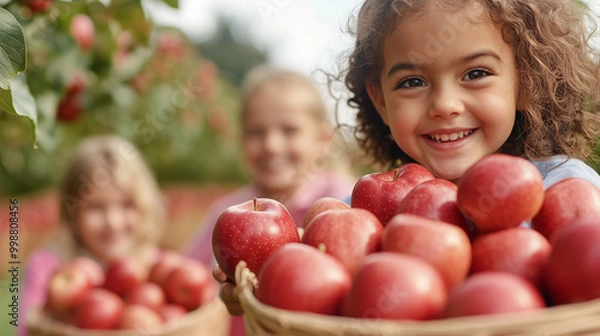 Fototapeta Children picking apples in an orchard, baskets full of fruit, happy expressions, autumn harvest, bounty, abundance, joy