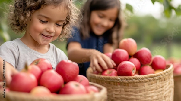 Fototapeta Children picking apples in an orchard, baskets full of fruit, happy expressions, autumn harvest, bounty, abundance, joy