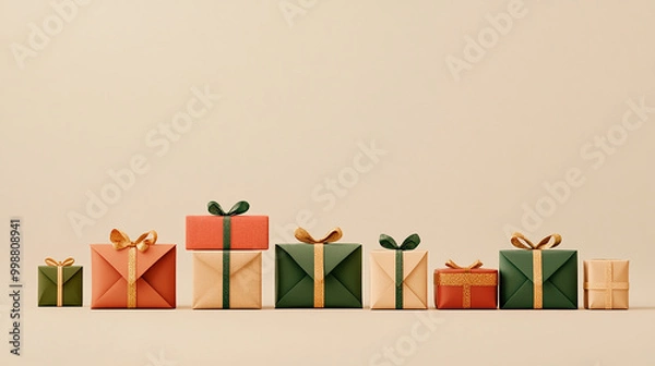 Fototapeta Gifts and envelopes in craft wrapping on light background with copy space