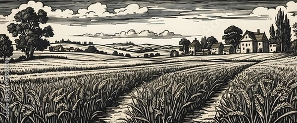 Fototapeta vintage medieval illustration of wheat fields with cloudy sky
