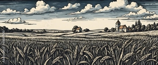 Fototapeta vintage medieval illustration of wheat fields with cloudy sky