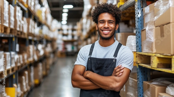 Fototapeta Cheerful young male warehouse worker in an apron, smiling with arms crossed, standing in a well-stocked warehouse aisle.