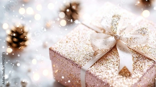 Obraz  A pink gift box with a white ribbon and bow on a golden-silver background with pine cones