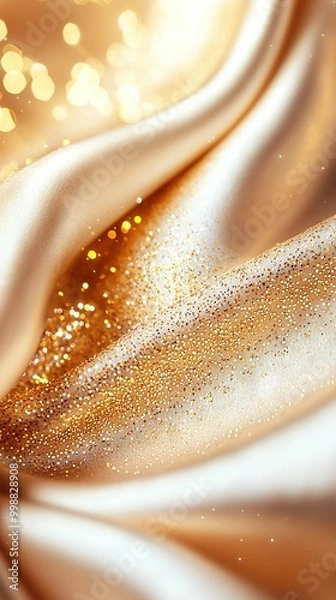 Fototapeta   White-and-gold cloth, close-up view, blurry background featuring gold flecks