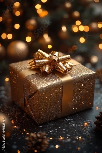 Fototapeta A beautifully wrapped golden Christmas gift sparkling under soft festive lights