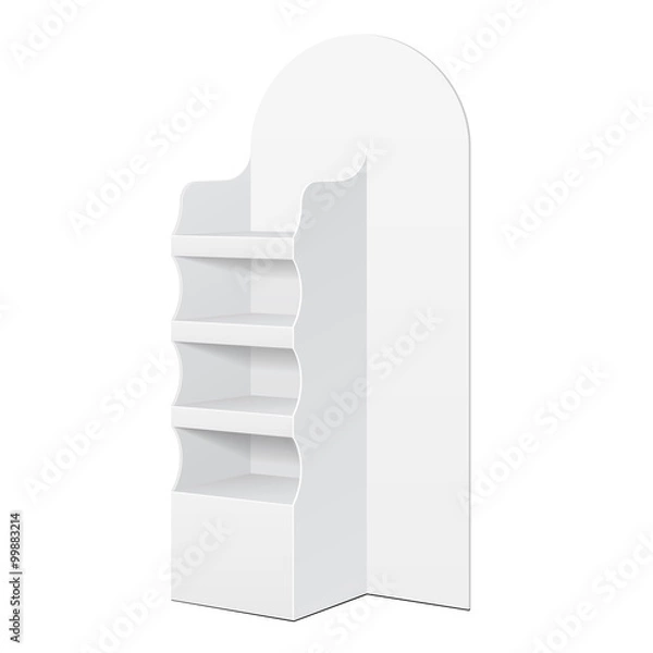 Fototapeta White POS POI Cardboard Floor Display Rack For Supermarket Blank Empty Displays With Shelves Products On White Background Isolated. Ready For Your Design. Product Packing. Vector EPS10 