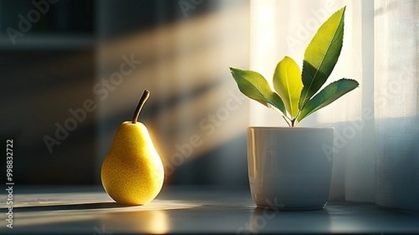 Fototapeta  A yellow pear resting beside a white vase brimming with green foliage on a windowsill