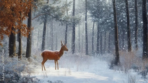 Fototapeta Winter wildlife scene with deer in a snowy forest, gentle snowfall