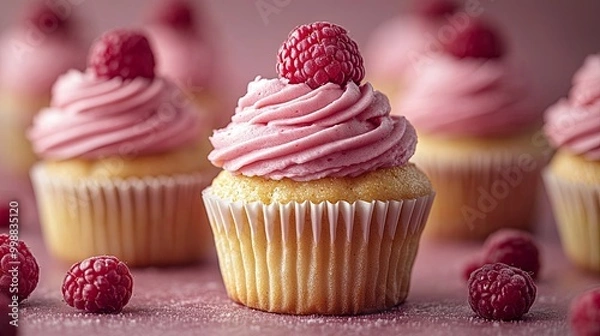 Obraz Close-up of delicious looking raspberry cupcakes with swirls of pink frosting, macro, solid background, food photography,