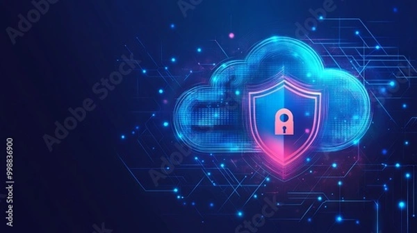 Fototapeta Abstract illustration of cloud security services with a stylized cloud icon and shield symbol, representing data protection and cybersecurity in cloud computing.