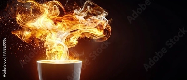 Fototapeta  A cup of coffee with flames engulfing the top on a black table against a black background