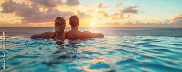 Fototapeta Couple relaxing in an infinity pool with breathtaking ocean views during a romantic tropical getaway. Free copy space for banner.