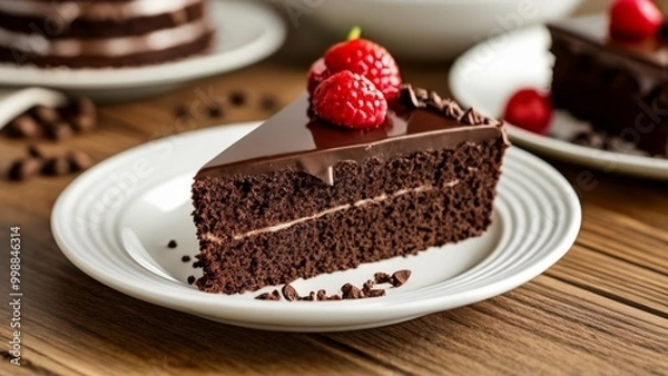 Obraz  Deliciously tempting chocolate cake slice with fresh raspberries