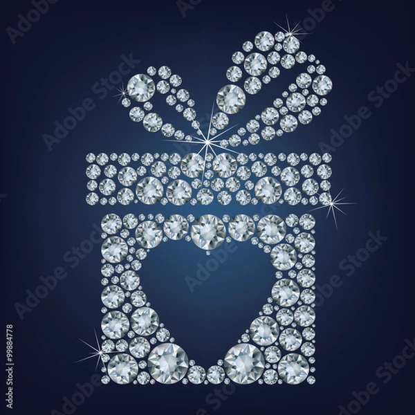 Obraz Valentine's day concept illustration of gift present with heart symbol made up a lot of diamonds on the black background