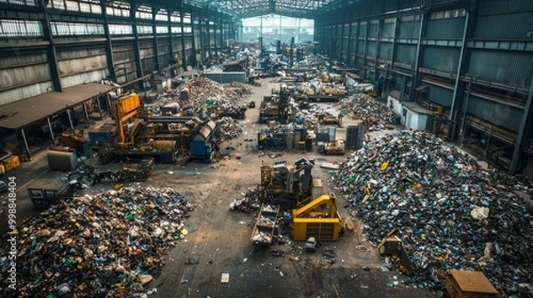 Obraz Recycling Facility with Mountains of Waste and Machinery