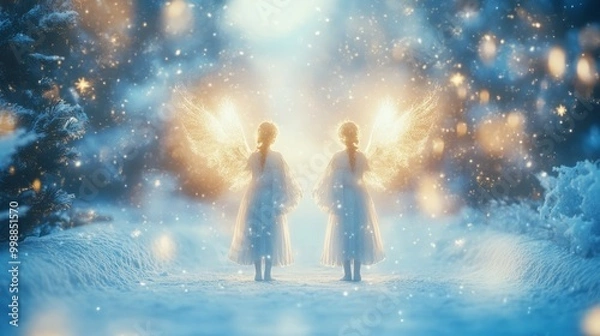 Fototapeta Angels in winter-themed attire, with delicate snowflakes and glowing halos creating a celestial and magical atmosphere