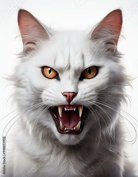 Fototapeta White cat with Vampire teeth