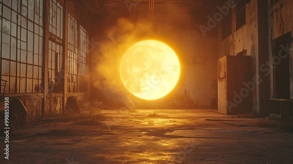 Fototapeta A large, full moon fills the window of an abandoned building.