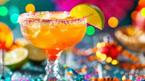 Fototapeta A vibrant margarita served in a salt-rimmed glass, garnished with a lime wedge