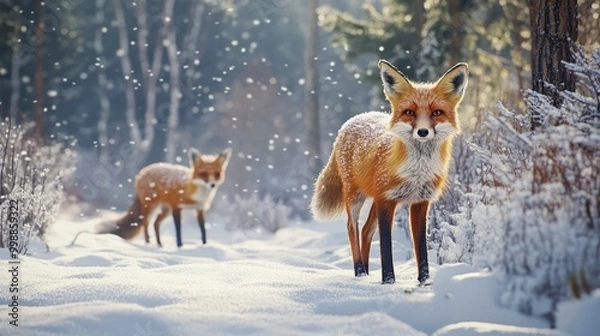 Obraz Animals in winter settings, such as foxes and deer with frosty fur in snowy forests, capturing the beauty of wildlife in winter's embrace