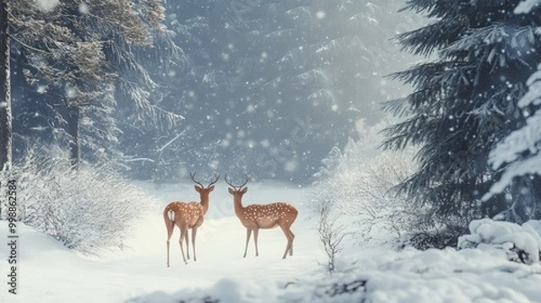 Obraz Winter wildlife scene with deer in a snowy forest, gentle snowfall