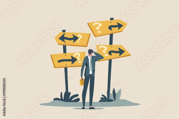 Fototapeta Businessman standing at a crossroads with multiple direction signs, symbolizing decision making and uncertainty.