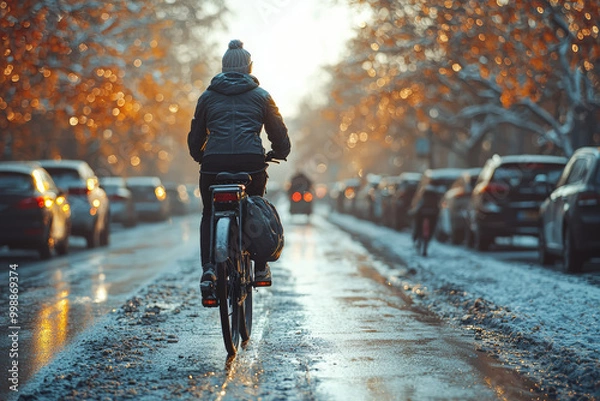 Fototapeta A bicycle being used for commuting instead of a car to reduce emissions. Concept of transportation.