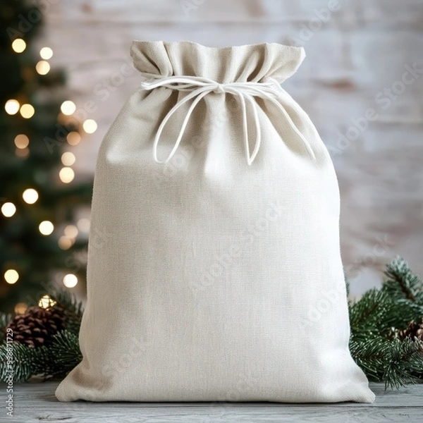 Fototapeta A rustic white sack sits on a wooden surface surrounded by pine branches, creating a cozy holiday atmosphere