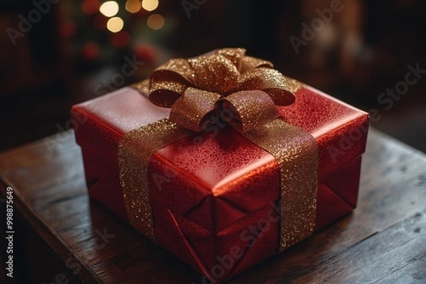 Fototapeta A beautifully wrapped red Christmas gift adorned with a golden ribbon on a wooden table