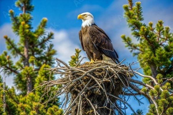 Fototapeta Bald eagle in nest overlooking forest symbolizing freedom and power