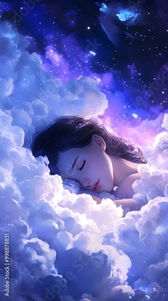 Obraz A girl sleeping in the clouds, surrounded by stars, creating an atmosphere of tranquility and dreams